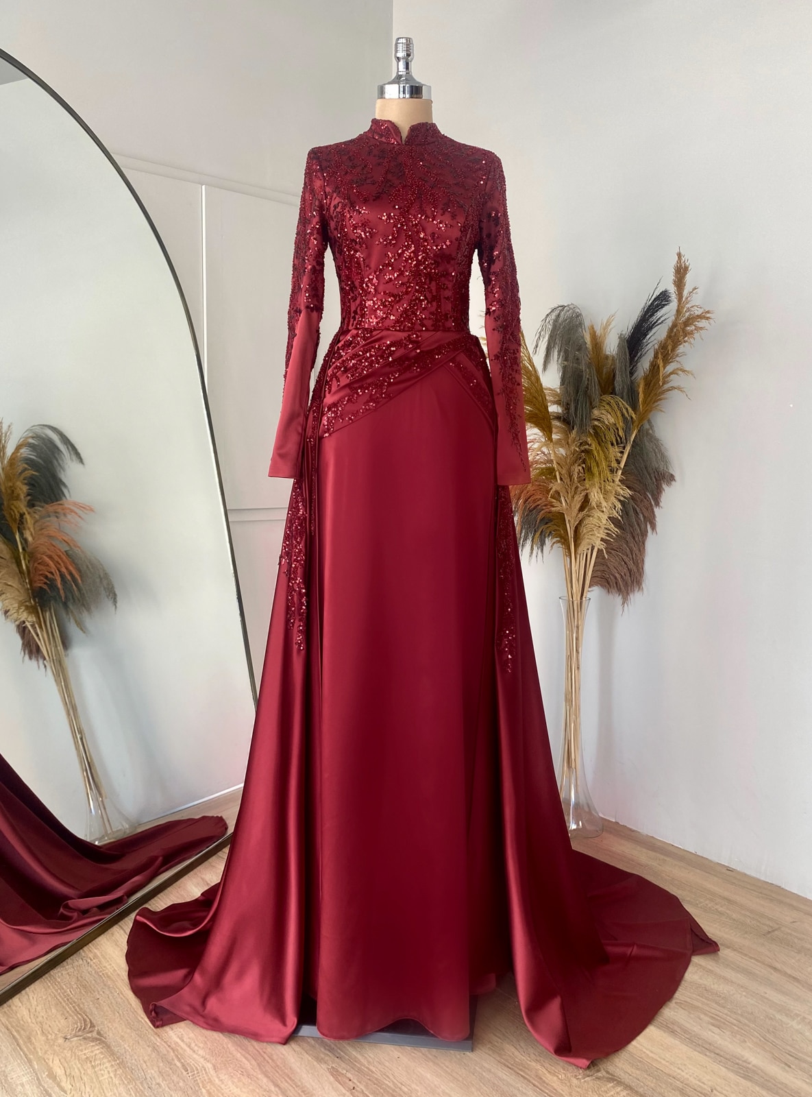 Burgundy - Fully Lined - Crew neck - Modest Evening Dress