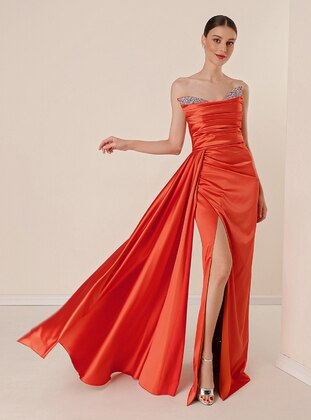Fully Lined - Orange - Evening Dresses - By Saygı