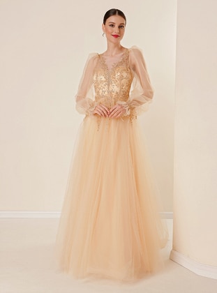 Gold color - V neck Collar - Evening Dresses - By Saygı