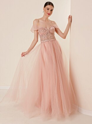 Fully Lined - Powder Pink - Evening Dresses - By Saygı