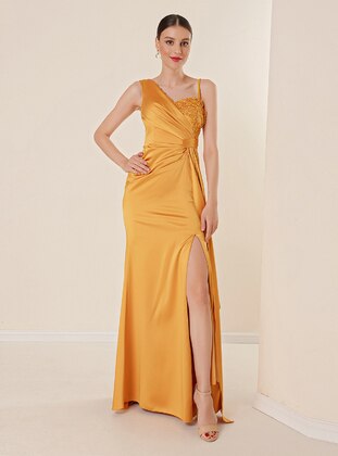 Fully Lined - Yellow - V neck Collar - Evening Dresses - By Saygı