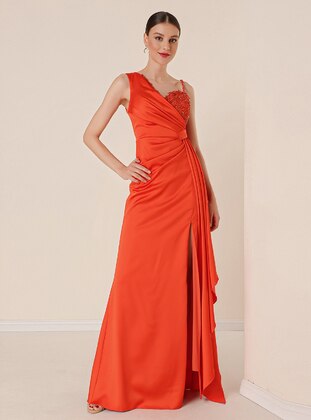 Fully Lined - Orange - V neck Collar - Evening Dresses - By Saygı