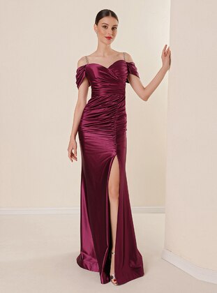 Fully Lined - Maroon - Evening Dresses - By Saygı
