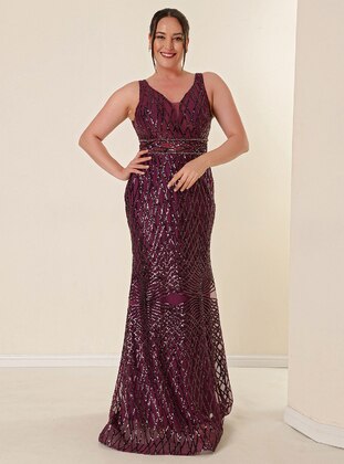 Maroon - Fully Lined - V neck Collar - Plus Size Evening Dress - By Saygı