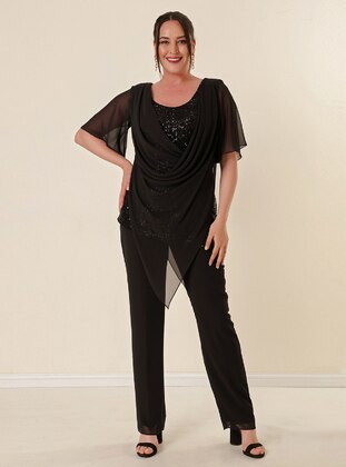 Black - Fully Lined - Plus Size Evening Suit - By Saygı