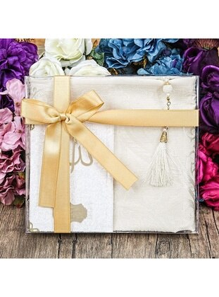 Gift Prayer Rug, Velvet Yasin , Pearl Rosary Tasbih, Islamic Set With Acetate Box (26×23) - Cream