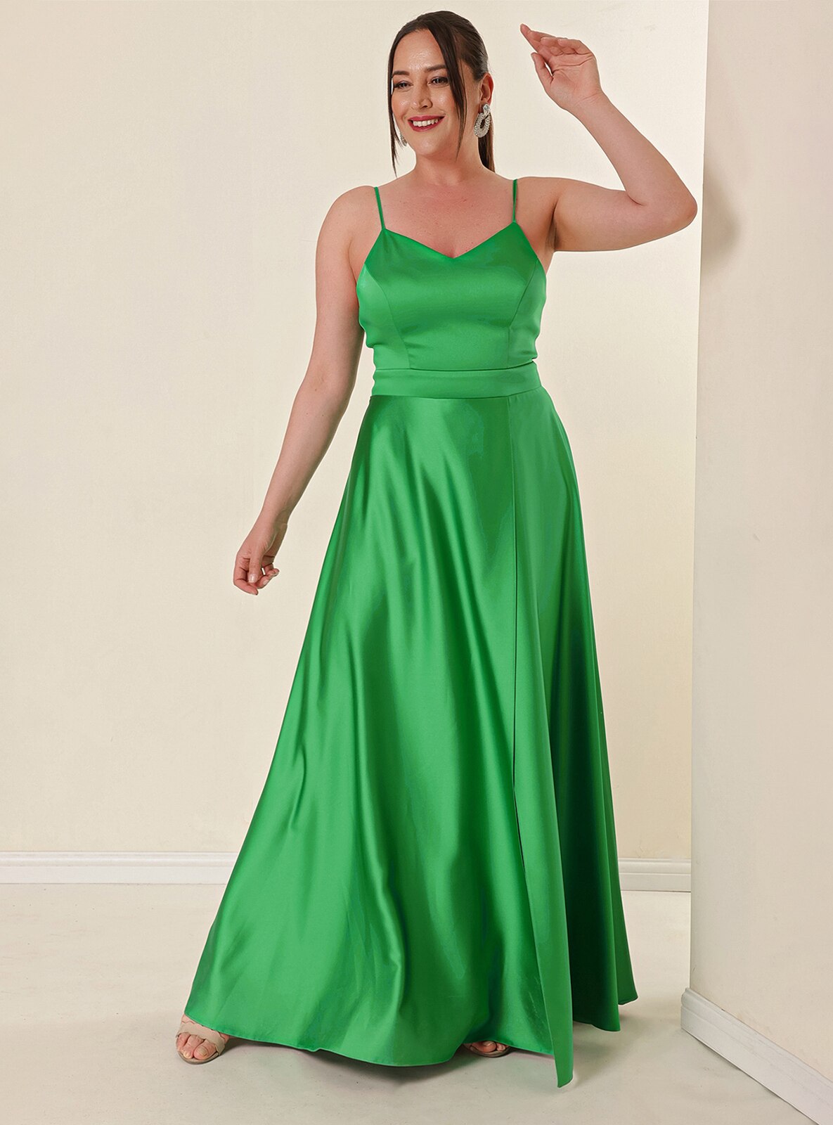Green - Fully Lined - V neck Collar - Plus Size Evening Dress