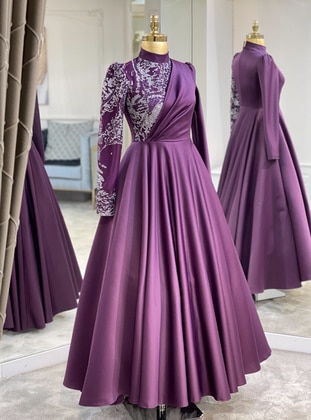 Purple - Fully Lined - Crew neck - Modest Evening Dress - SomFashion