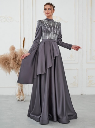 Anthracite - Fully Lined -  - Modest Evening Dress - Aslan Polat