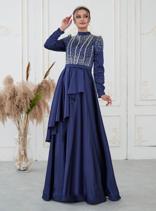 Navy Blue - Fully Lined -  - Modest Evening Dress - Aslan Polat