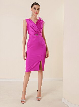 Fully Lined - Fuchsia - Double-Breasted - Evening Dresses - By Saygı