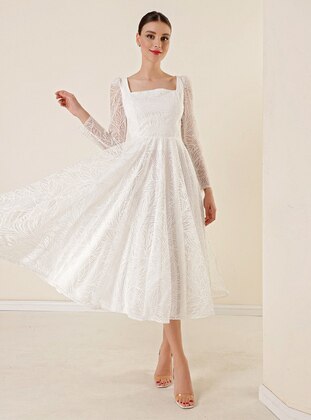 Fully Lined - Ecru - Sweatheart Neckline - Evening Dresses - By Saygı