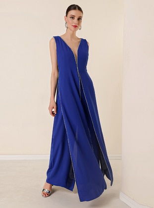 Fully Lined - V neck Collar - Saxe Blue - Evening Jumpsuits - By Saygı