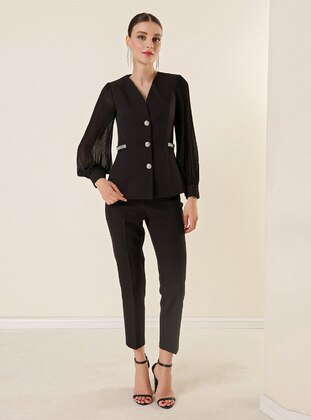 Fully Lined - Black - V neck Collar - Evening Suit - By Saygı