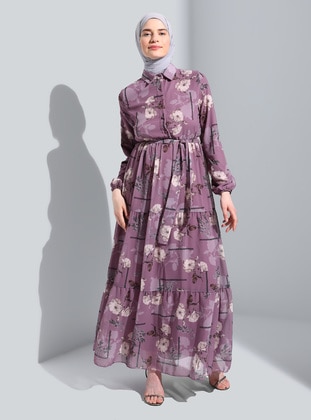 Lilac - Floral - Point Collar - Fully Lined - Modest Dress - Bürün