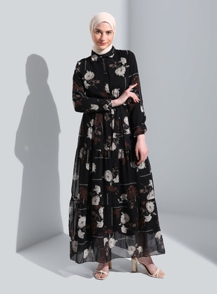 Black - Floral - Point Collar - Fully Lined - Modest Dress - Bürün