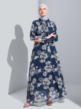 Dark Indigo - Floral - V neck Collar - Fully Lined - Modest Dress - Bürün