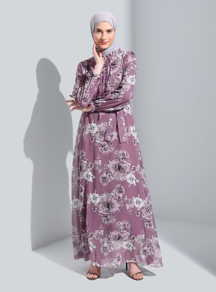 Lilac - Floral - V neck Collar - Fully Lined - Modest Dress - Bürün