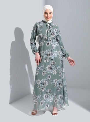 Mint Green - Floral - V neck Collar - Fully Lined - Modest Dress - Bürün