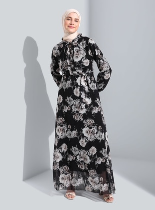 Black - Floral - V neck Collar - Fully Lined - Modest Dress - Bürün