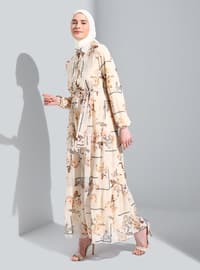 Cream - Floral - Point Collar - Fully Lined - Modest Dress