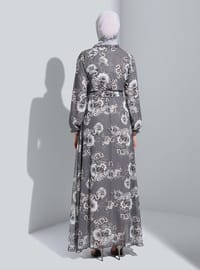Grey - Floral - V neck Collar - Fully Lined - Modest Dress