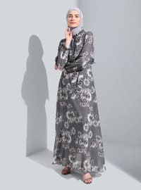 Grey - Floral - V neck Collar - Fully Lined - Modest Dress