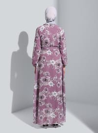 Lilac - Floral - V neck Collar - Fully Lined - Modest Dress