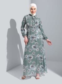 Mint Green - Floral - V neck Collar - Fully Lined - Modest Dress