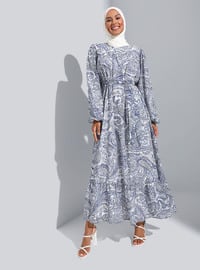 White - Blue - Floral - Shawl - Crew neck - Fully Lined - Modest Dress