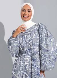 White - Blue - Floral - Shawl - Crew neck - Fully Lined - Modest Dress