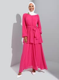 Fuchsia - Crew neck - Fully Lined - Modest Dress