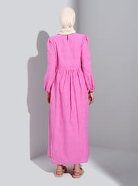 Pink - Multi - Crew neck - Unlined - Modest Dress