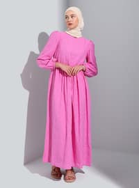 Pink - Multi - Crew neck - Unlined - Modest Dress