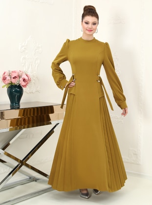 Olive Green - Unlined - Crew neck - Modest Evening Dress - Azra Design