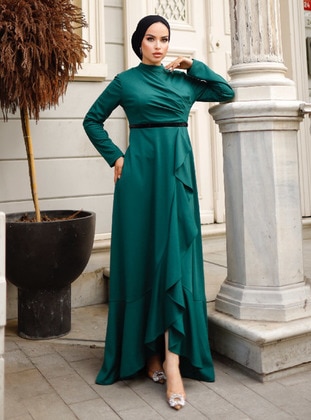 أخضر زمردي - فستان - Burcu Fashion