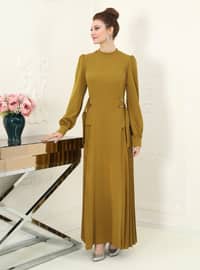 Olive Green - Unlined - Crew neck - Modest Evening Dress