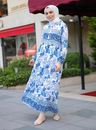 Blue - Multi - Unlined - Modest Dress - ZENANE