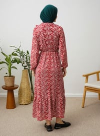 Burgundy - Floral - Modest Dress