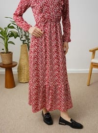 Burgundy - Floral - Modest Dress