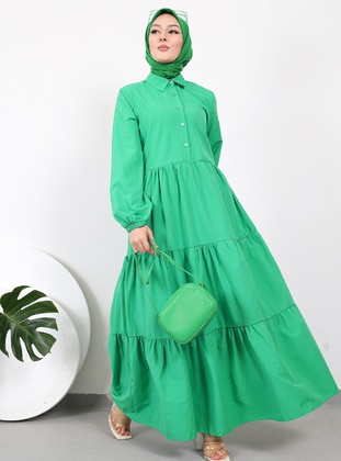 Dark Green - Cuban Collar - Unlined - Modest Dress - Nergis Neva