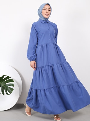 Dark Blue - Cuban Collar - Unlined - Modest Dress - Nergis Neva