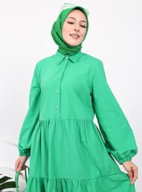 Dark Green - Cuban Collar - Unlined - Modest Dress