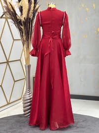 Red - Fully Lined - V neck Collar - Modest Evening Dress