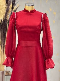 Red - Fully Lined - V neck Collar - Modest Evening Dress