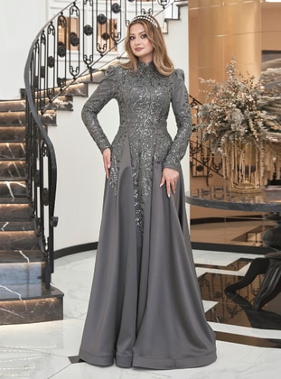 Anthracite - Fully Lined -  - Modest Evening Dress - Aslan Polat