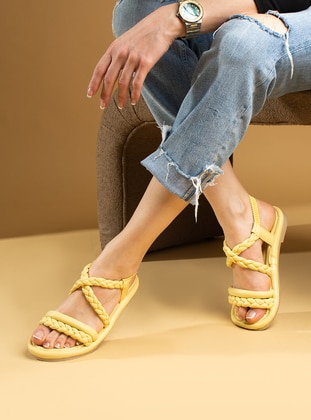 Yellow - Sandal - Faux Leather - Sandal - Pembe Potin
