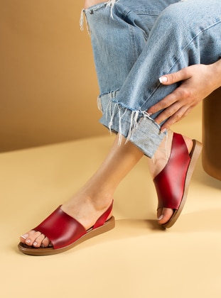Red - Sandal - Faux Leather - Sandal - Pembe Potin