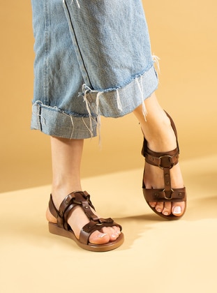 Tan - Sandal - Faux Leather - Sandal - Pembe Potin