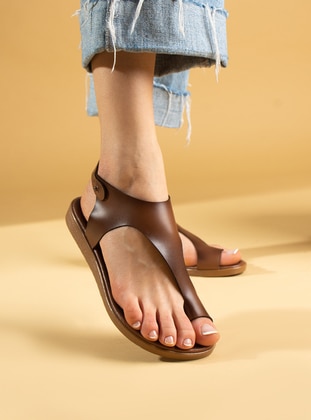 Tan - Sandal - Faux Leather - Sandal - Pembe Potin